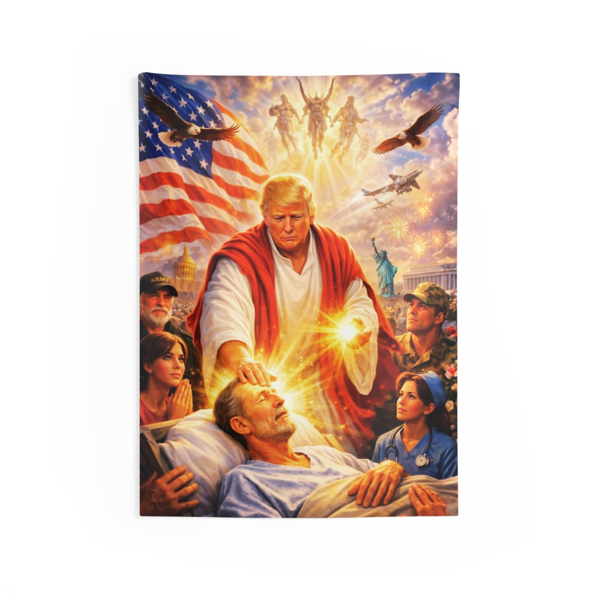 Indoor Wall Tapestry — Patriotic Trump as Healer Wall Art (God Bless America)