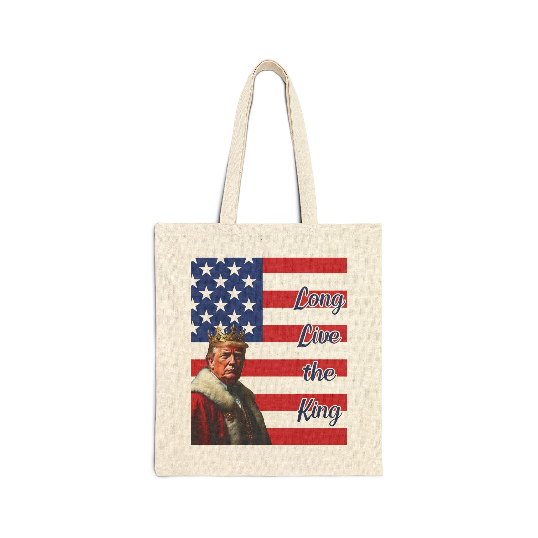 Patriotic Donald Trump “Long Live the King” Canvas Tote Bag — American Flag & Statue Design