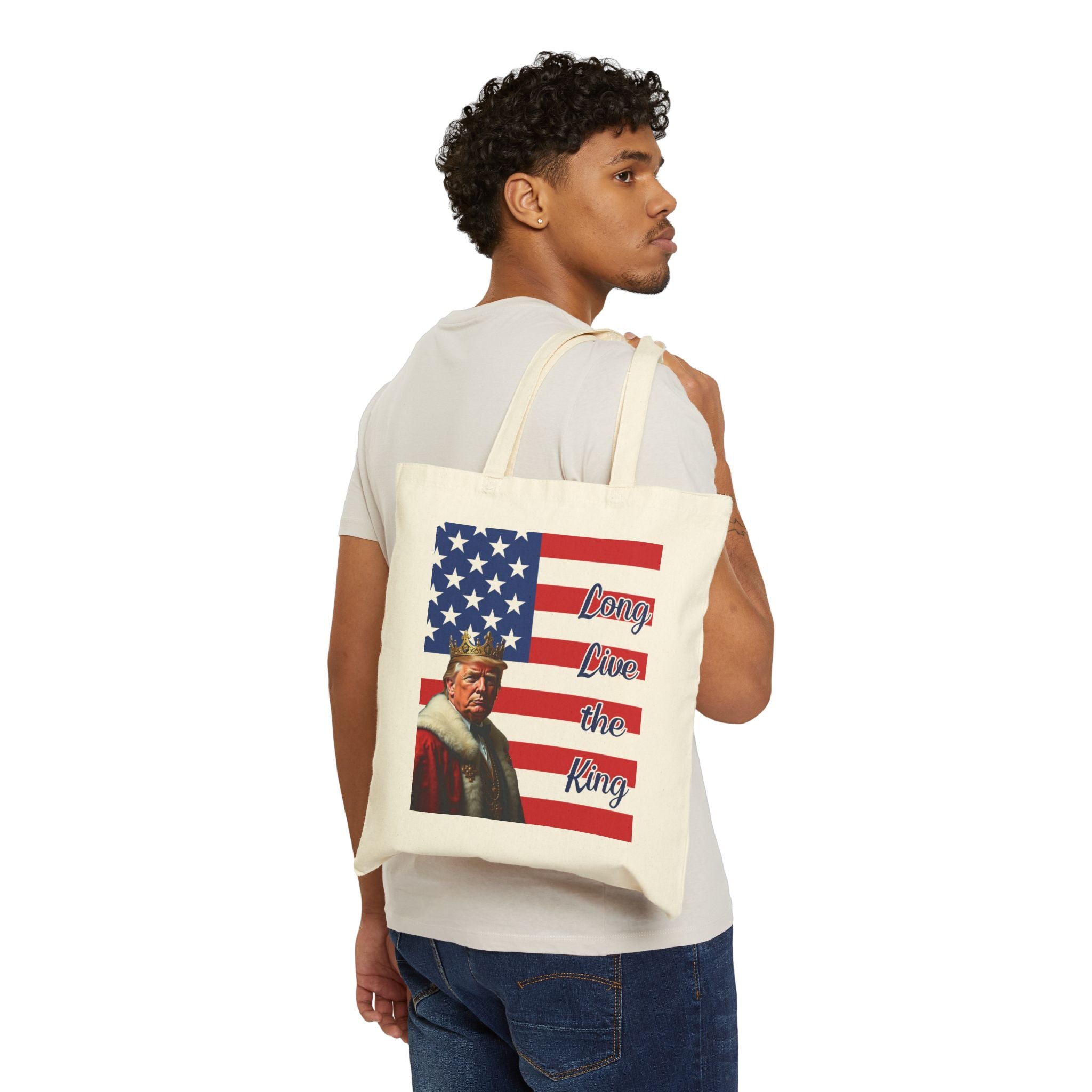 Patriotic Donald Trump “Long Live the King” Canvas Tote Bag — American Flag & Statue Design